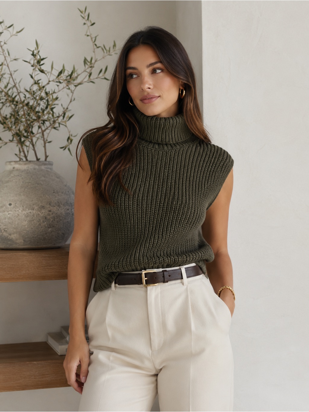 Pearl By Lela Rose 100% Wool Sleeveless Turtleneck Sweater Size Xs Olive Green